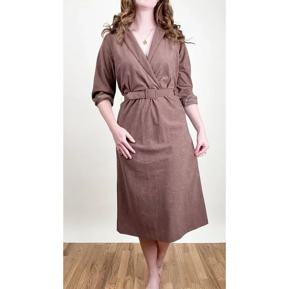 Vintage Parisian Belted Midi Dress Preppy Light Dark Academia Secretary Rustic - Picture 5 of 5